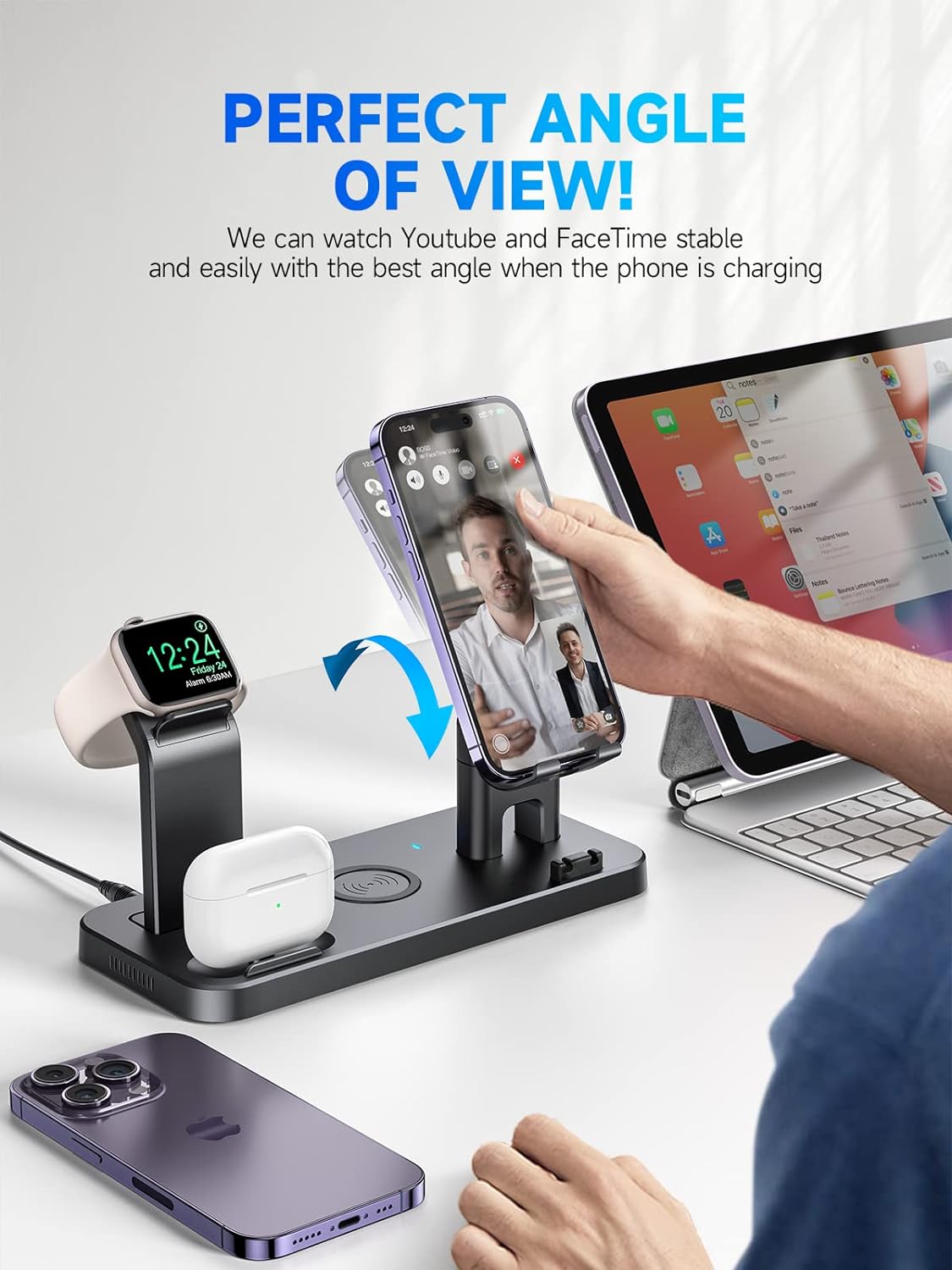 KINYELL Charging Station for Multiple Devices Apple，48W 5 in 1 Fast Wireless Charging Station for iPhone AirPods Apple Watch Charger, Gift for Men, Gift for Her Valentines Anniversary Day Black - Image 4